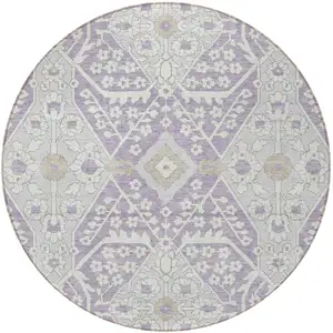 Photo of 8' Lavender Gray And Beige Round Floral Washable Indoor Outdoor Area Rug