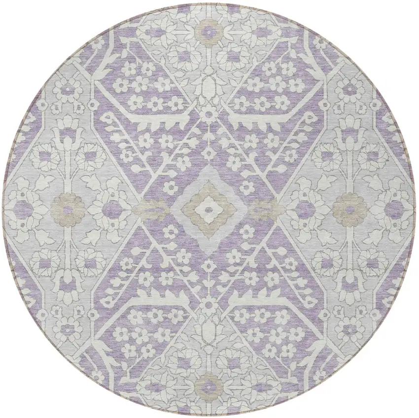 8' Lavender Gray And Beige Round Floral Washable Indoor Outdoor Area Rug Photo 8