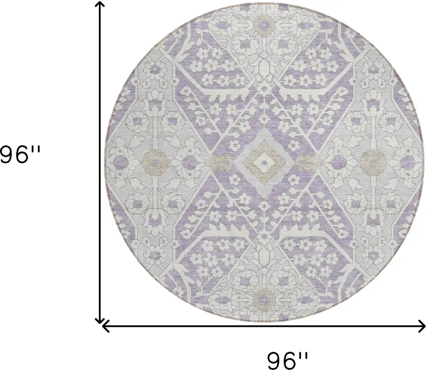 8' Lavender Gray And Beige Round Floral Washable Indoor Outdoor Area Rug Photo 3