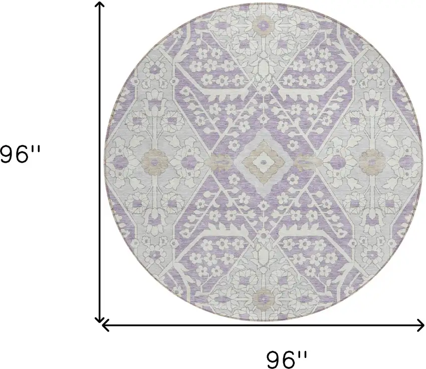8' Lavender Gray And Beige Round Floral Washable Indoor Outdoor Area Rug Photo 3
