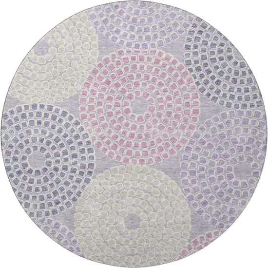 8' Lavender Gray And Blush Geometric Washable Round Rug With UV Protection Photo 3