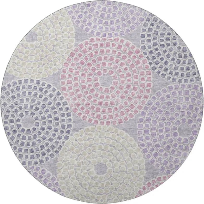 8' Lavender Gray And Blush Geometric Washable Round Rug With UV Protection Photo 3