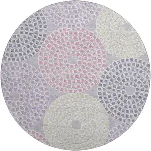 Photo of 8' Lavender Gray And Blush Geometric Washable Round Rug With UV Protection