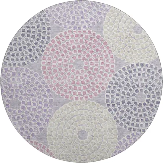 8' Lavender Gray And Blush Geometric Washable Round Rug With UV Protection Photo 1
