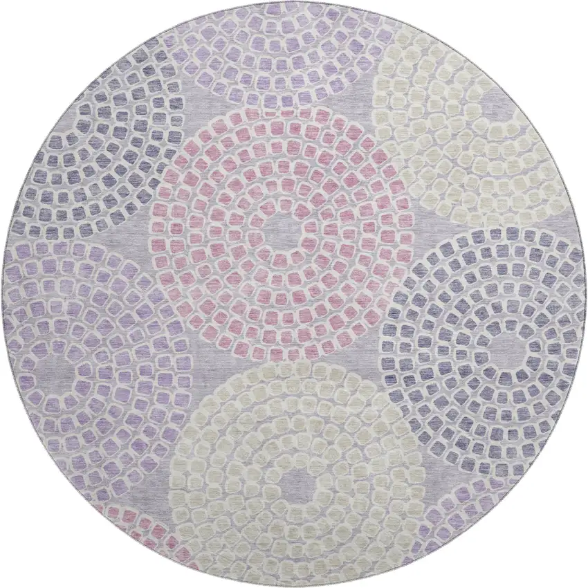 8' Lavender Gray And Blush Geometric Washable Round Rug With UV Protection Photo 1