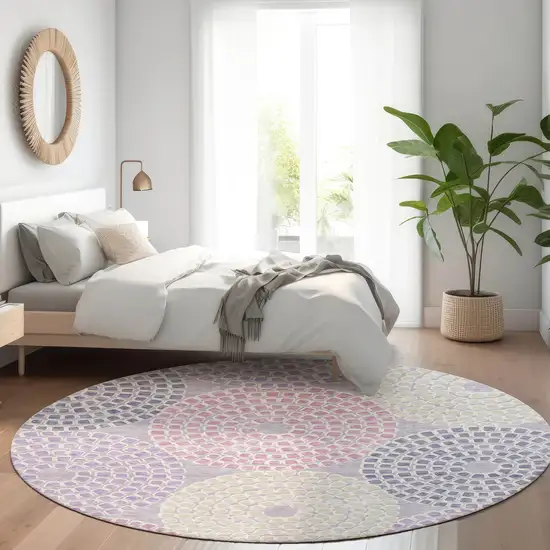 8' Lavender Gray And Blush Geometric Washable Round Rug With UV Protection Photo 4