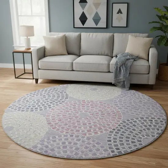 8' Lavender Gray And Blush Geometric Washable Round Rug With UV Protection Photo 2