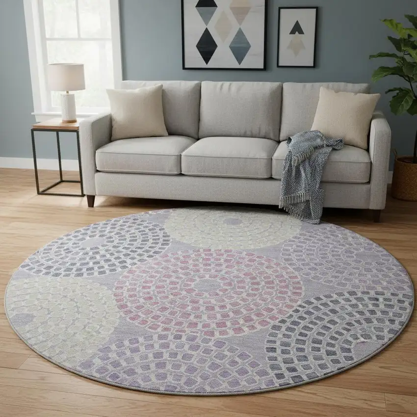 8' Lavender Gray And Blush Geometric Washable Round Rug With UV Protection Photo 2