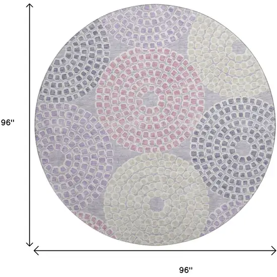 8' Lavender Gray And Blush Geometric Washable Round Rug With UV Protection Photo 9