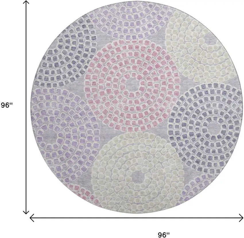 8' Lavender Gray And Blush Geometric Washable Round Rug With UV Protection Photo 9