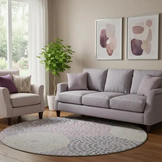 8' Lavender Gray And Blush Geometric Washable Round Rug With UV Protection Photo 1