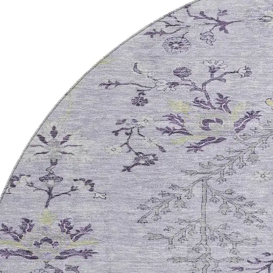 8' Lavender Gray And Gold Floral Washable Round Rug With UV Protection Photo 2