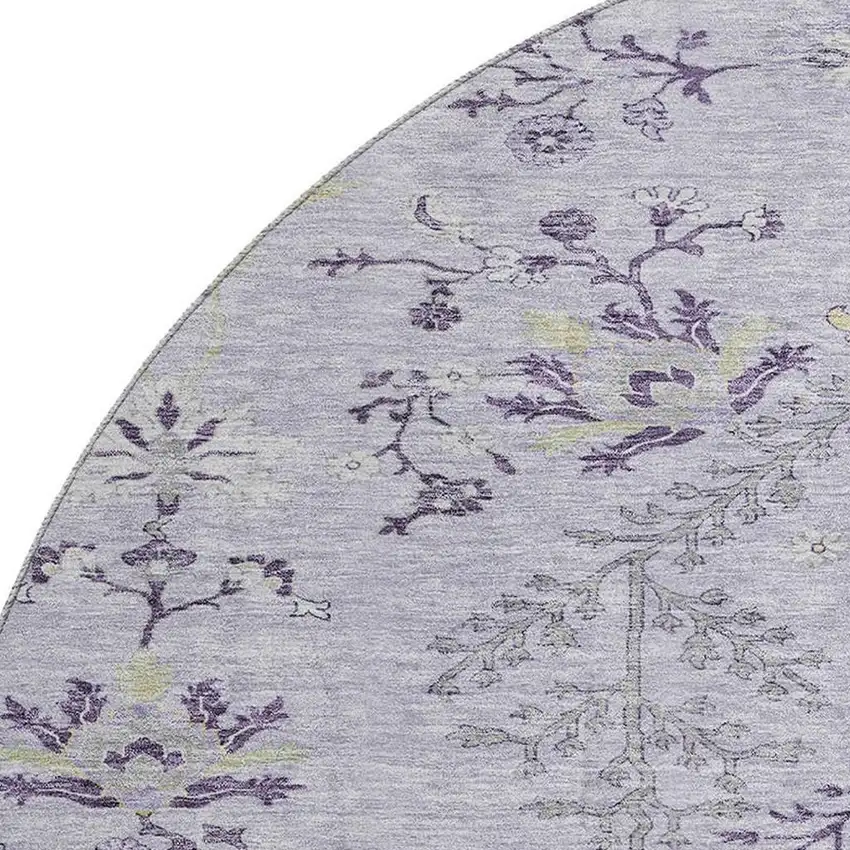 8' Lavender Gray And Gold Floral Washable Round Rug With UV Protection Photo 2