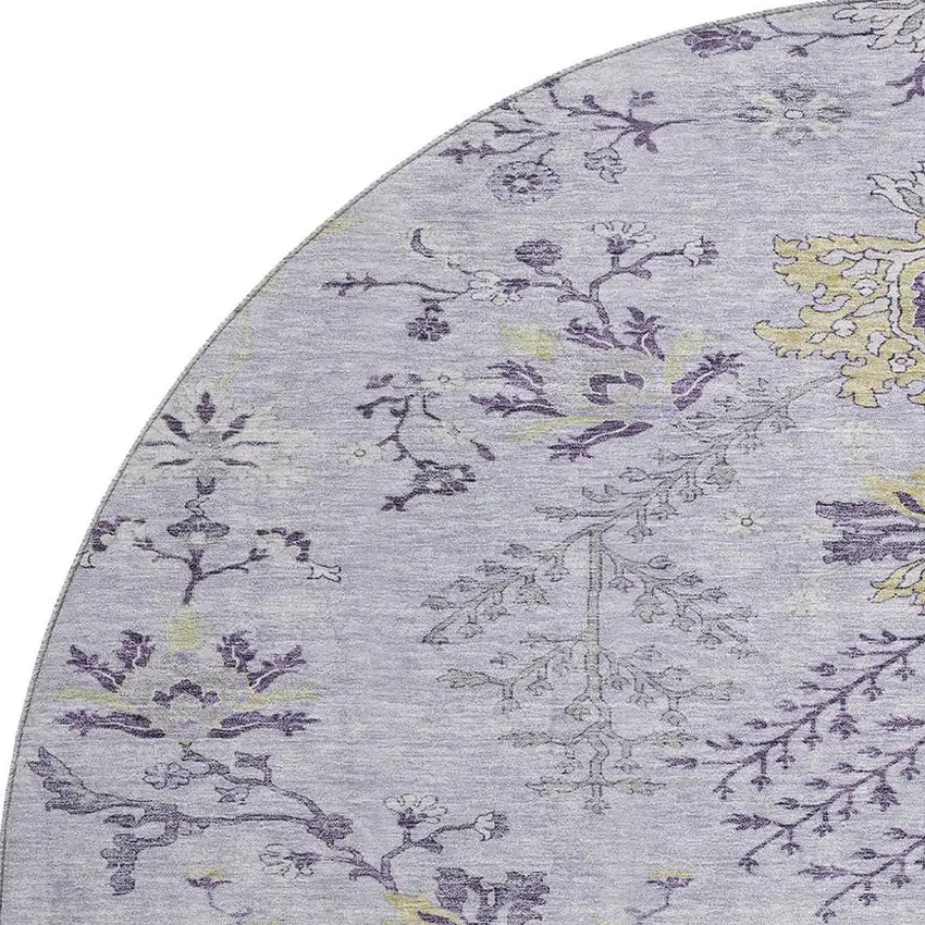 8' Lavender Gray And Gold Floral Washable Round Rug With UV Protection Photo 3