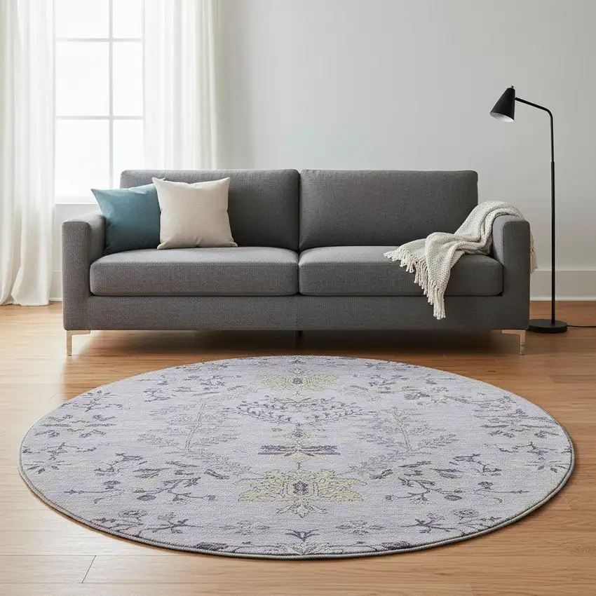 8' Lavender Gray And Gold Floral Washable Round Rug With UV Protection Photo 2