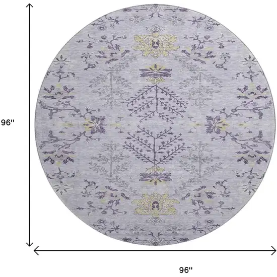 8' Lavender Gray And Gold Floral Washable Round Rug With UV Protection Photo 9