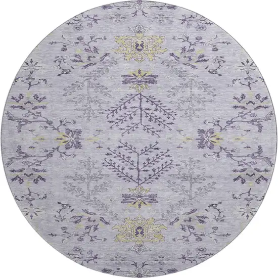 8' Lavender Gray And Gold Floral Washable Round Rug With UV Protection Photo 1