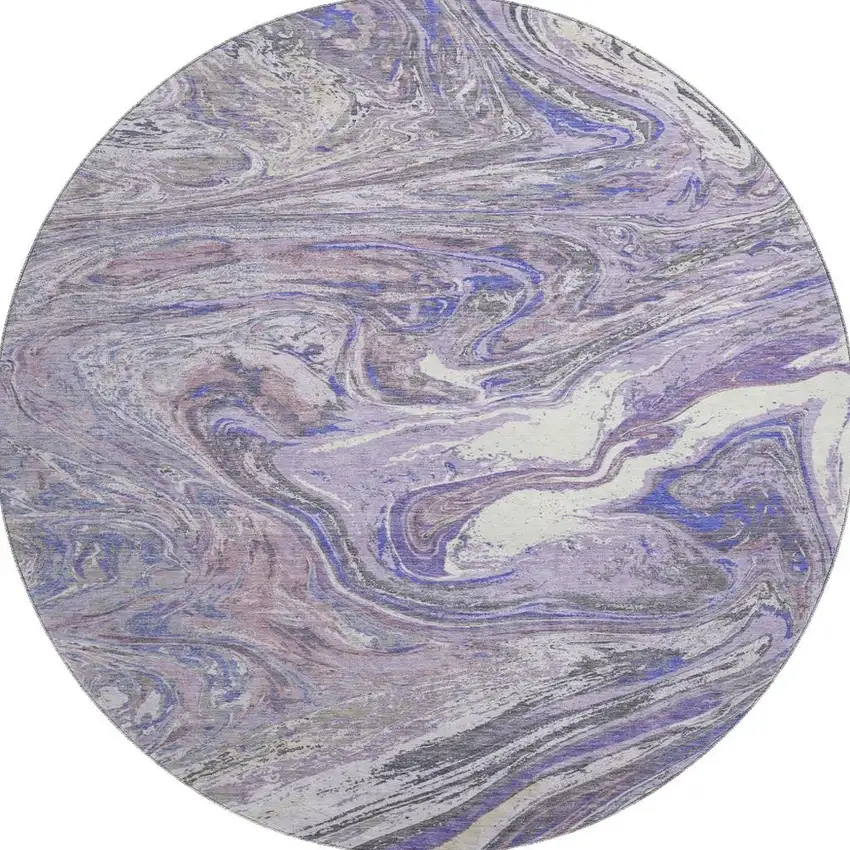 8' Lavender Gray And Ivory Abstract Washable Round Rug With UV Protection Photo 3