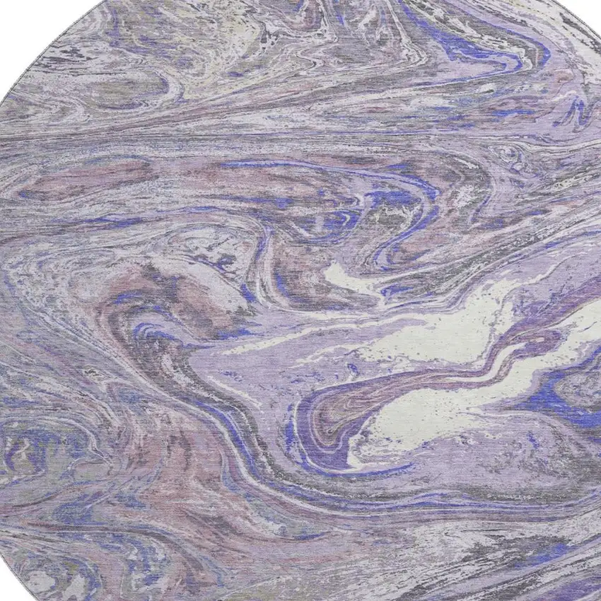 8' Lavender Gray And Ivory Abstract Washable Round Rug With UV Protection Photo 2