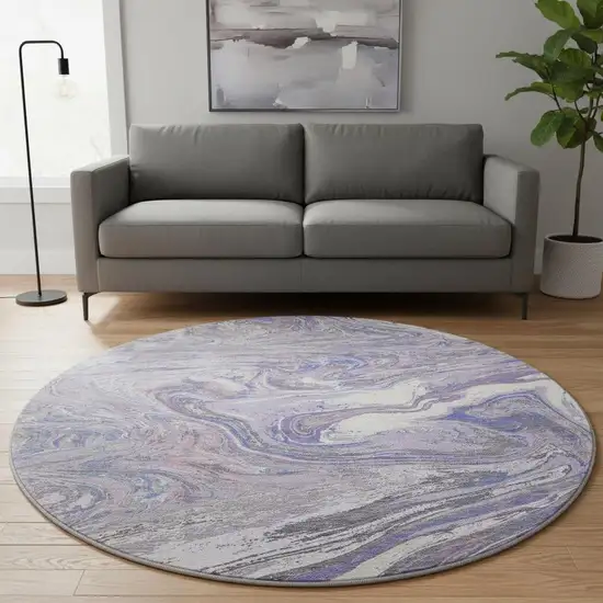8' Lavender Gray And Ivory Abstract Washable Round Rug With UV Protection Photo 2
