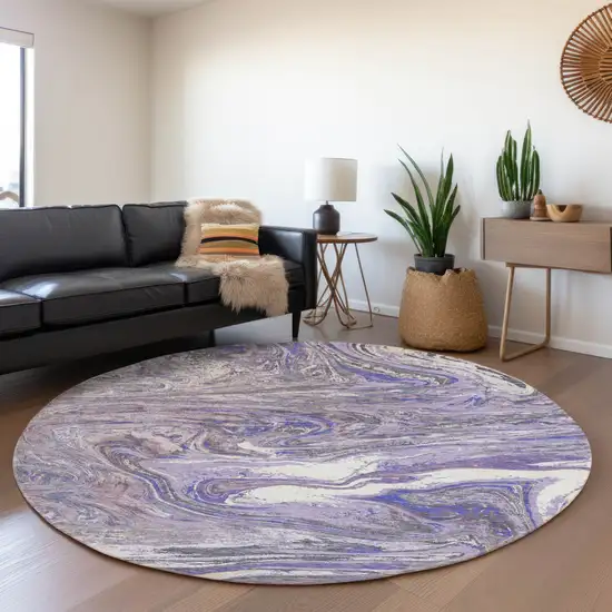 8' Lavender Gray And Ivory Abstract Washable Round Rug With UV Protection Photo 4