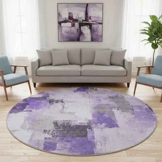 8' Lavender Gray And Ivory Abstract Washable Round Rug With UV Protection Photo 2