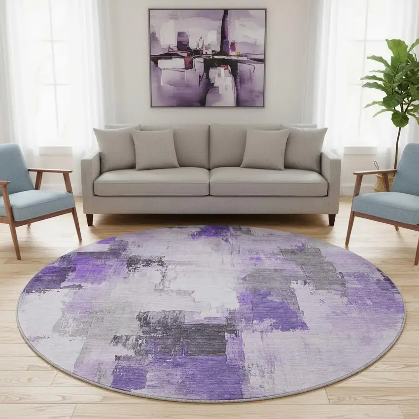 8' Lavender Gray And Ivory Abstract Washable Round Rug With UV Protection Photo 2