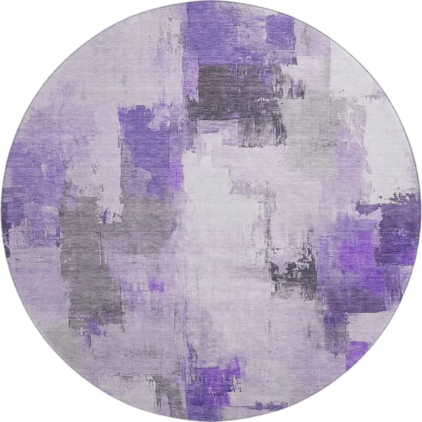 8' Lavender Gray And Ivory Abstract Washable Round Rug With UV Protection Photo 1