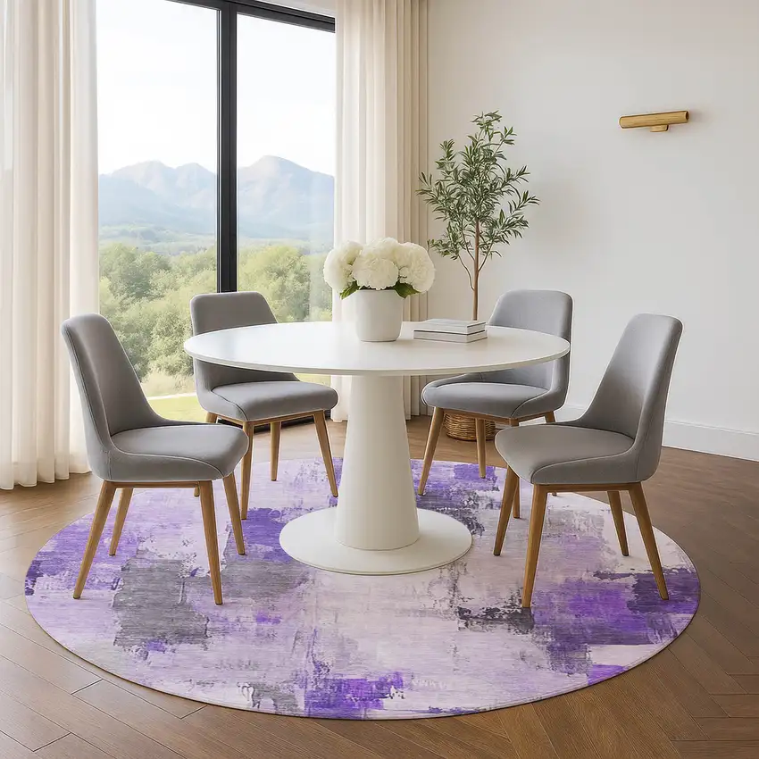 8' Lavender Gray And Ivory Abstract Washable Round Rug With UV Protection Photo 5