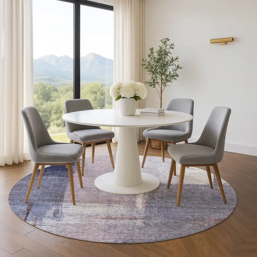 8' Lavender Gray And Ivory Abstract Washable Round Rug With UV Protection Photo 5