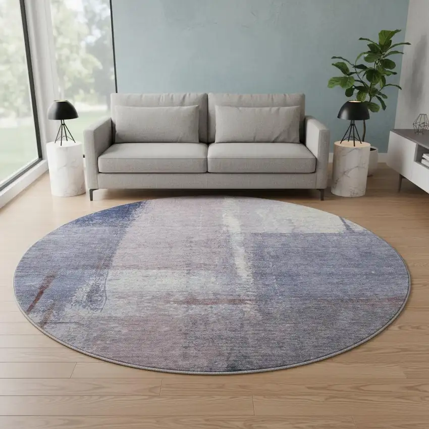 8' Lavender Gray And Ivory Abstract Washable Round Rug With UV Protection Photo 2