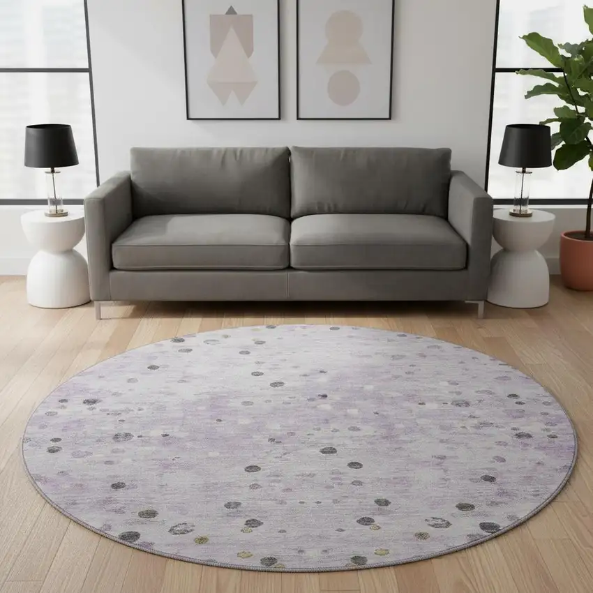8' Lavender Gray And Ivory Abstract Washable Round Rug With UV Protection Photo 1
