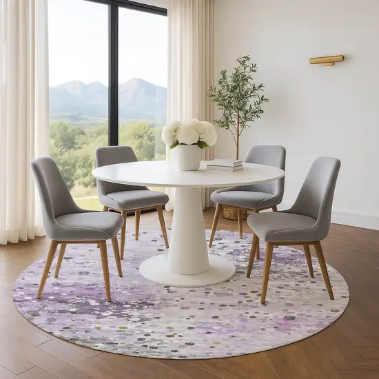 8' Lavender Gray And Ivory Abstract Washable Round Rug With UV Protection Photo 5