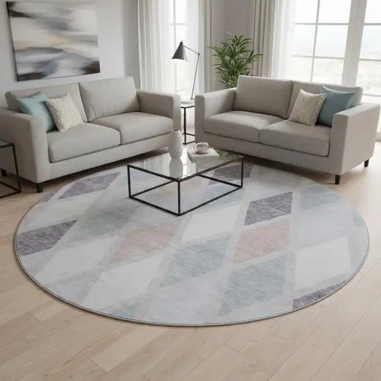 8' Lavender Gray And Ivory Geometric Washable Round Rug With UV Protection Photo 2