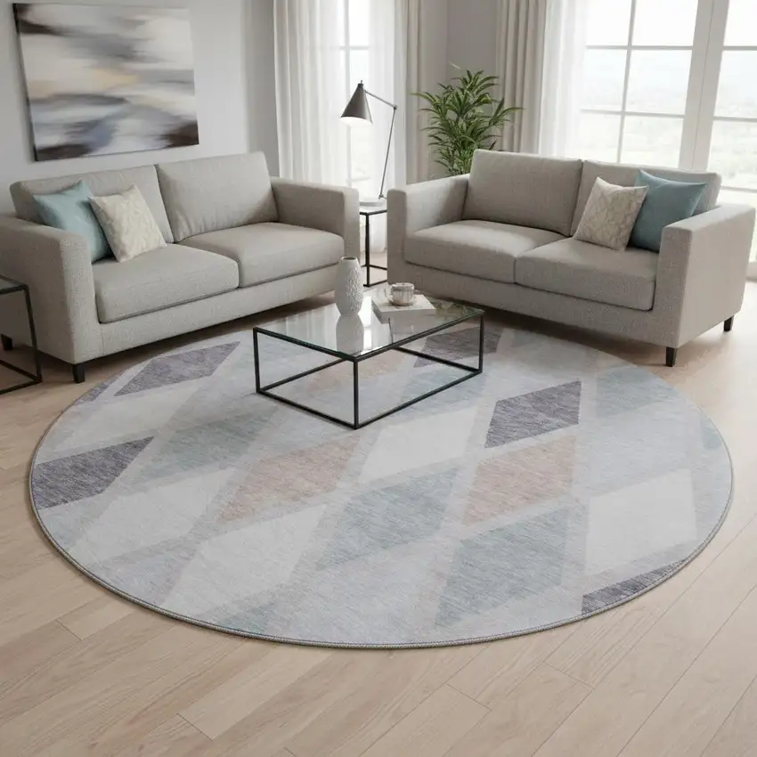 8' Lavender Gray And Ivory Geometric Washable Round Rug With UV Protection Photo 2