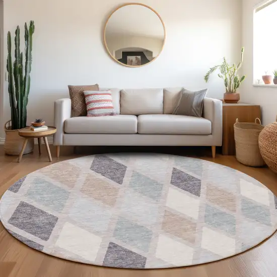 8' Lavender Gray And Ivory Geometric Washable Round Rug With UV Protection Photo 5