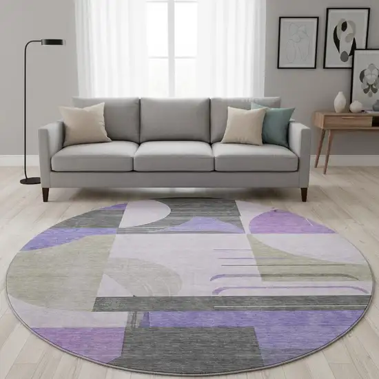 8' Lavender Gray And Ivory Geometric Washable Round Rug With UV Protection Photo 2