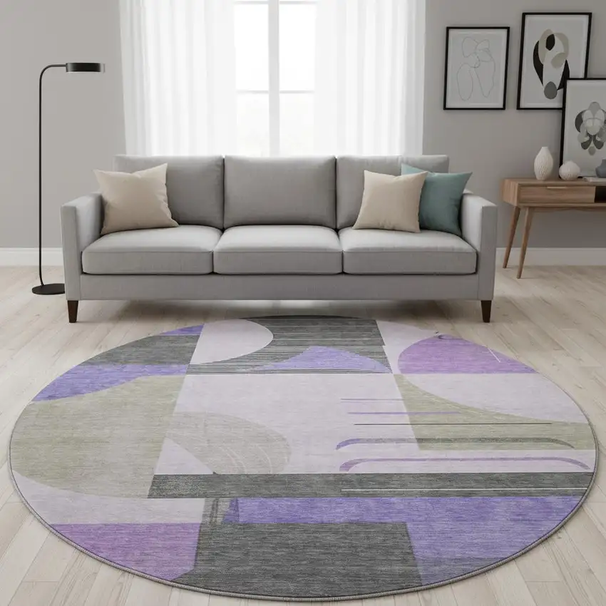 8' Lavender Gray And Ivory Geometric Washable Round Rug With UV Protection Photo 2