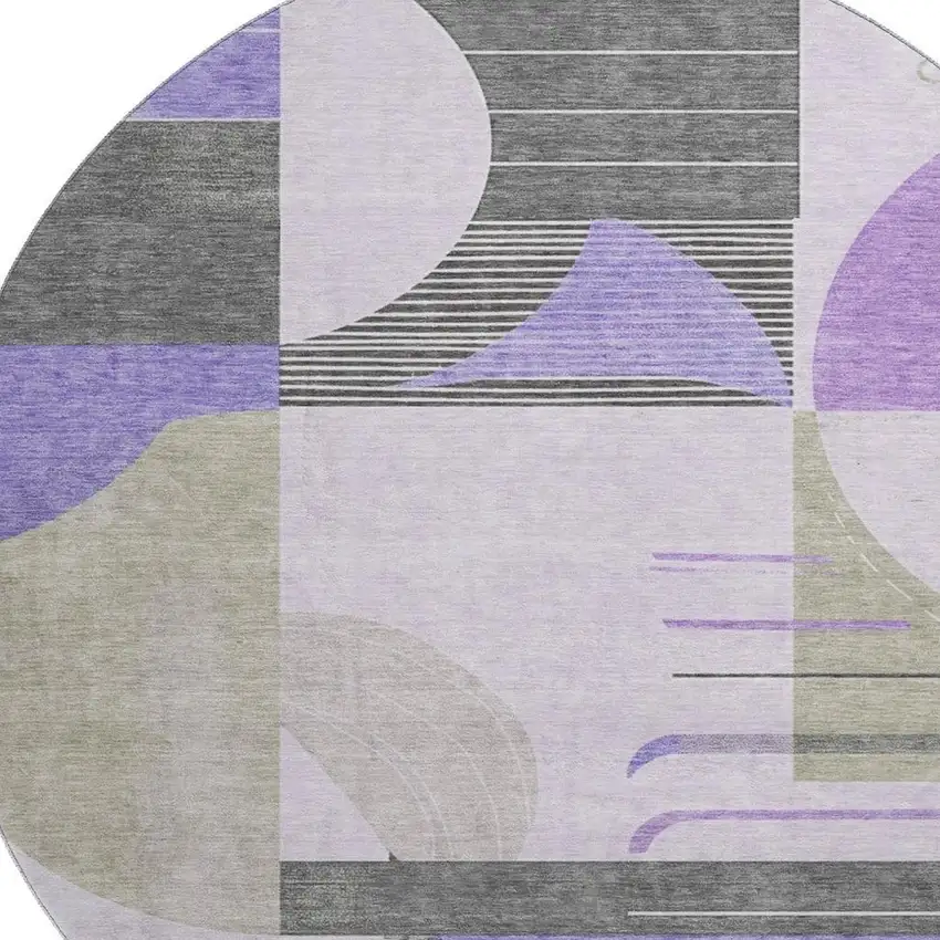 8' Lavender Gray And Ivory Geometric Washable Round Rug With UV Protection Photo 2