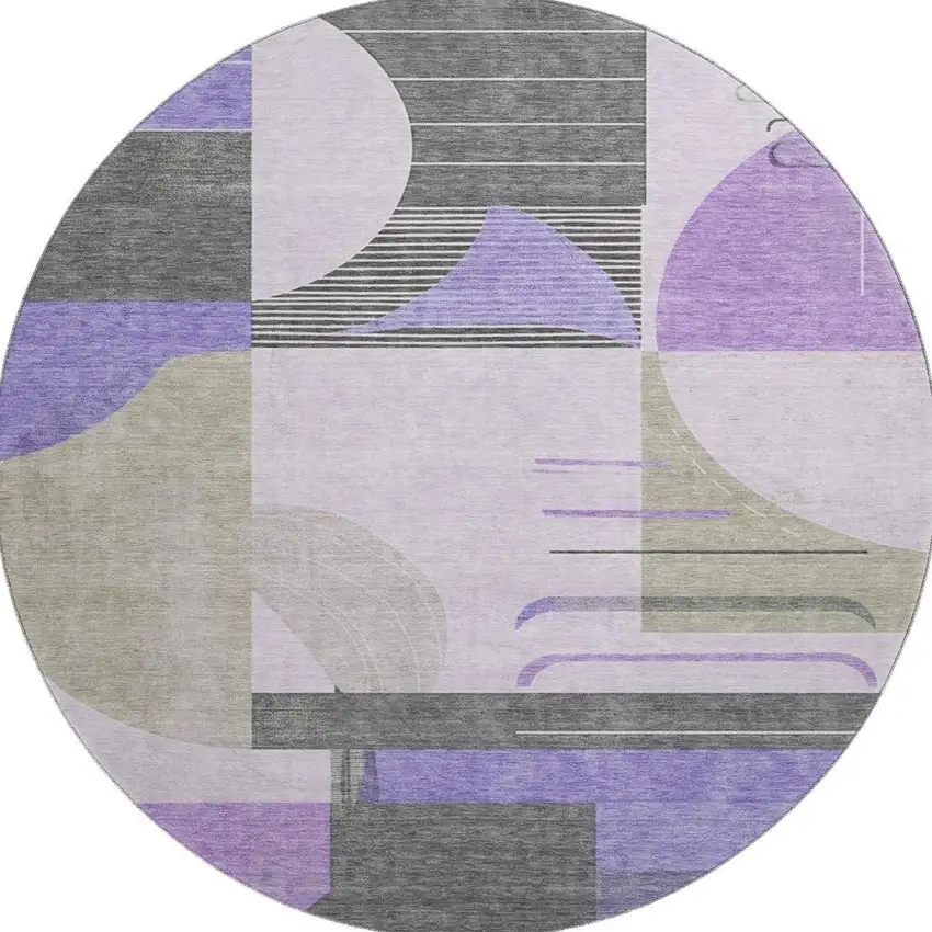 8' Lavender Gray And Ivory Geometric Washable Round Rug With UV Protection Photo 3