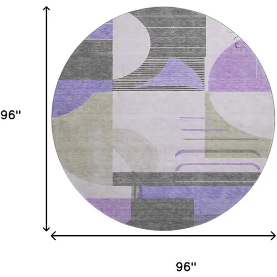 8' Lavender Gray And Ivory Geometric Washable Round Rug With UV Protection Photo 9