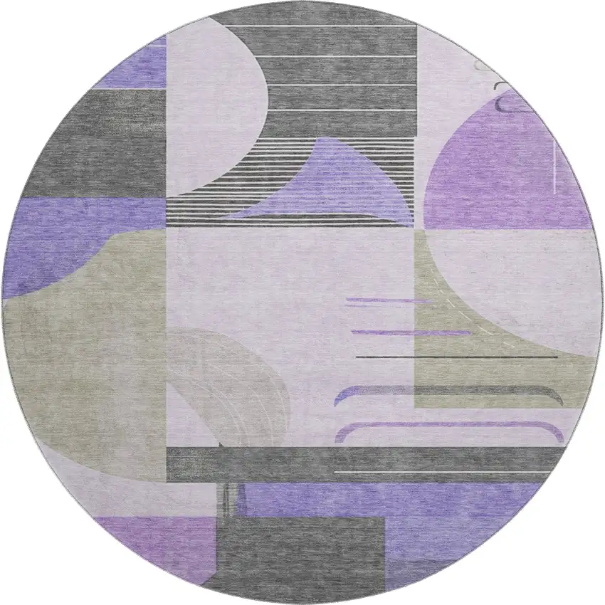 8' Lavender Gray And Ivory Geometric Washable Round Rug With UV Protection Photo 1