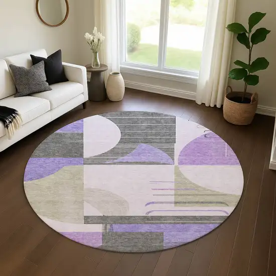 8' Lavender Gray And Ivory Geometric Washable Round Rug With UV Protection Photo 4
