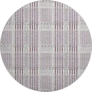 Photo of 8' Lavender Gray And Ivory Plaid Washable Round Rug With UV Protection