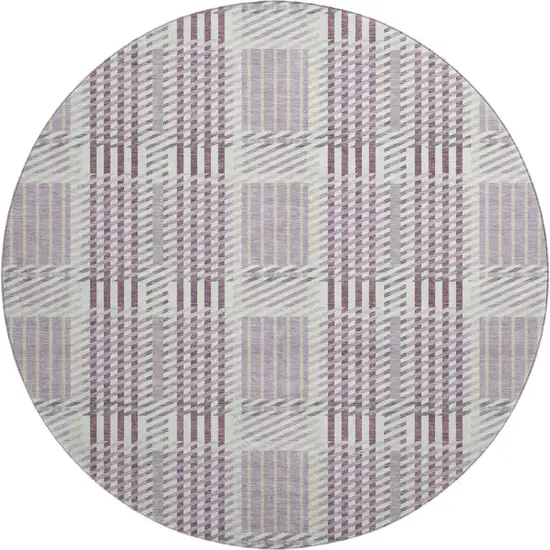 8' Lavender Gray And Ivory Plaid Washable Round Rug With UV Protection Photo 1