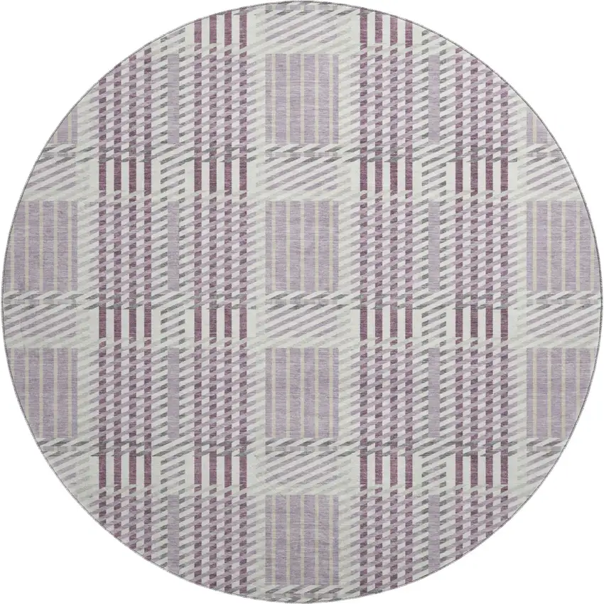 8' Lavender Gray And Ivory Plaid Washable Round Rug With UV Protection Photo 1