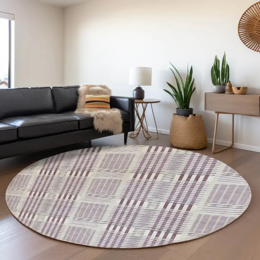 8' Lavender Gray And Ivory Plaid Washable Round Rug With UV Protection Photo 4