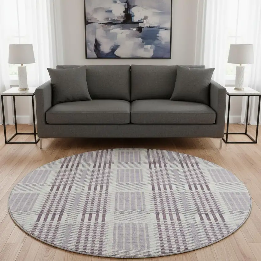 8' Lavender Gray And Ivory Plaid Washable Round Rug With UV Protection Photo 2