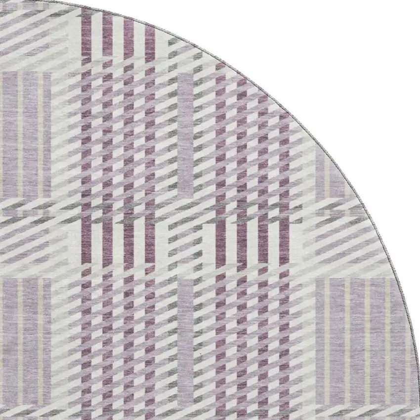 8' Lavender Gray And Ivory Plaid Washable Round Rug With UV Protection Photo 3