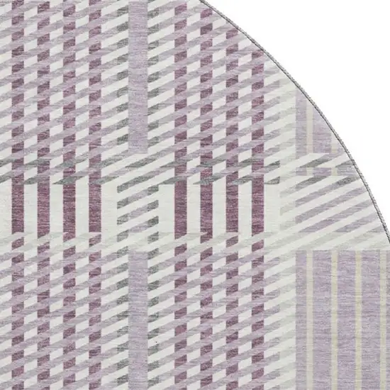 8' Lavender Gray And Ivory Plaid Washable Round Rug With UV Protection Photo 2